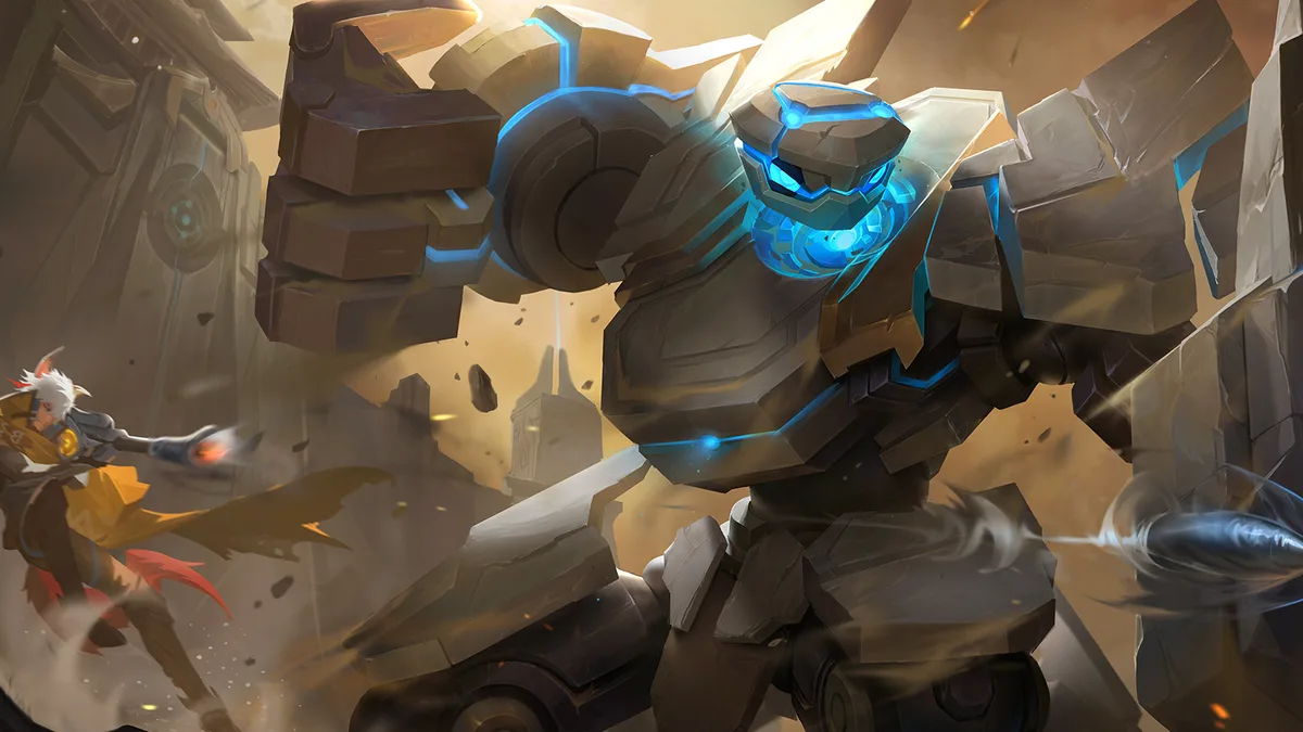 Key art Dunshan Honor of Kings, raksasa batu berinti energi biru menahan serangan dengan perisai