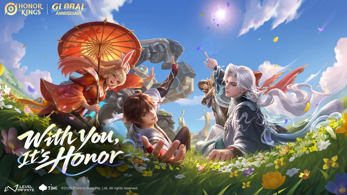 Key art resmi Honor of Kings Global Anniversary 2026 bertajuk With You, It's Honor dengan beberapa hero di padang bunga
